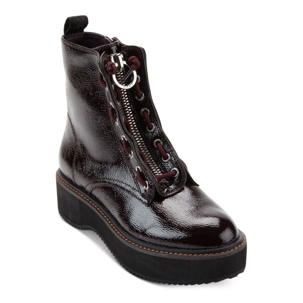 NWT DKNY Womens Maroon Glossy Up Pull Tag Eyelet Rhi Toe Platform Boots Shoes 11